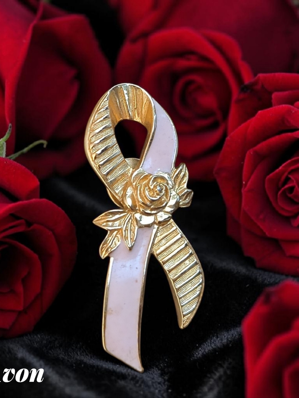 Avon Goldtone and Pink Ribbon Rose Brooch
